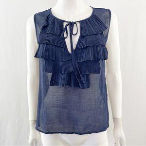 BCBGMAXAZRIA Navy Blue Sheer Sleeveless Ruffle Tank Top Size S